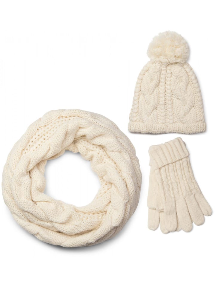 Strick Loop Schal, Mütze und Handschuhe Set in Creme-Beige