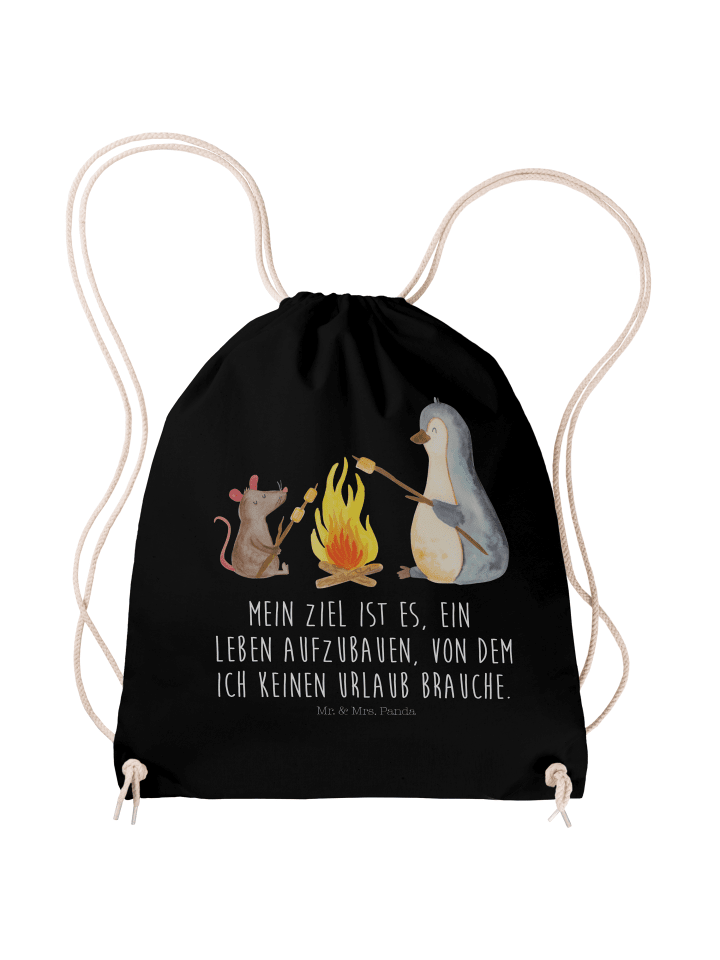 Gym Bag Pinguin Lagerfeuer mit Spruch in Schwarz