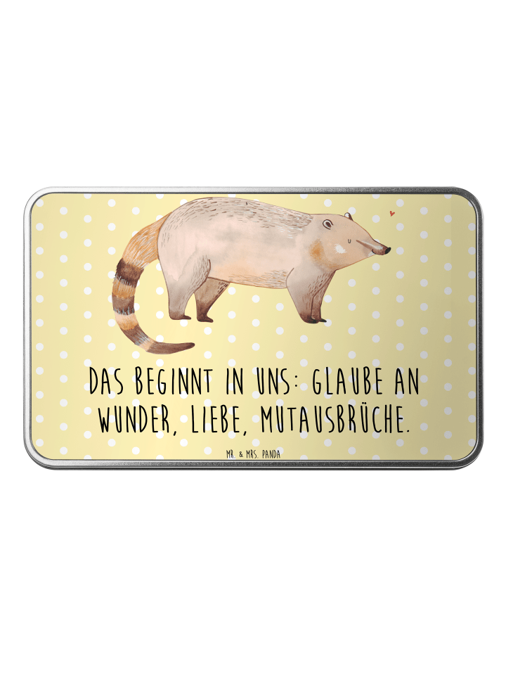 Metalldose rechteckig Nasenbaer mit Spruch in Gelb Pastell
