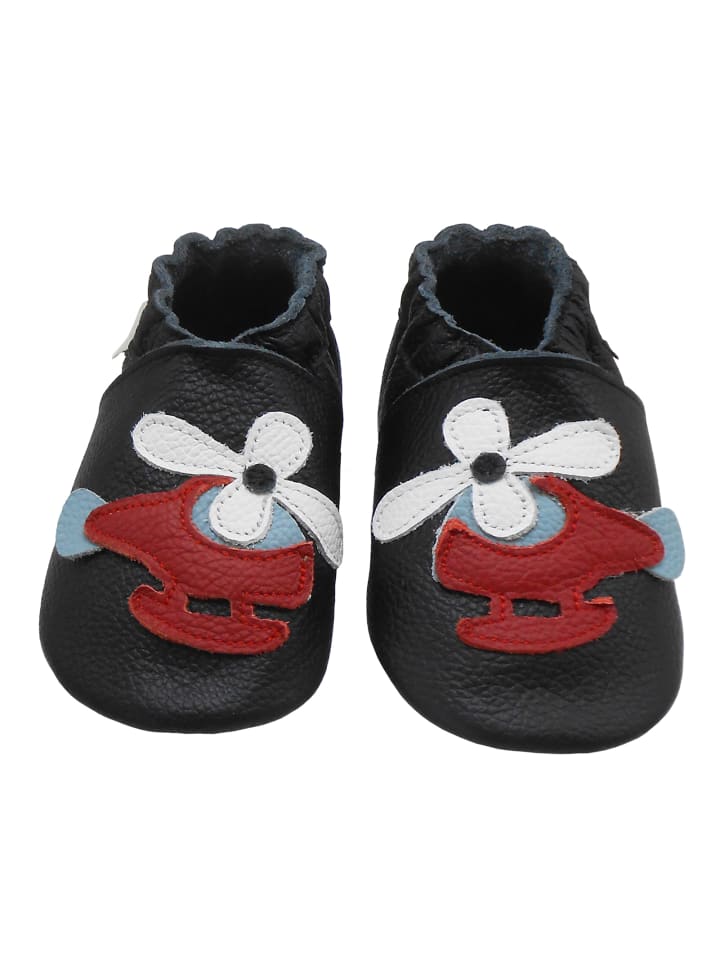 Schwarze Baby-Leder-Laufschuhe, komfortabel mit rutschfester Sohle-Flugzeugmotiv