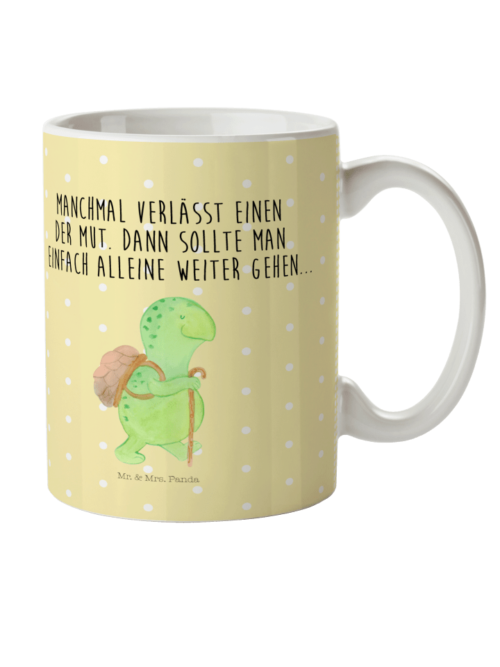 Kaffeetasse Schildkröte Wanderer mit Spruch in Gelb Pastell
