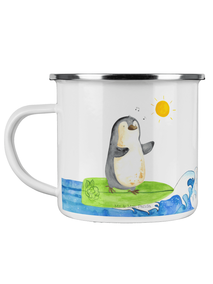 Emaille Tasse Pinguin Surfer ohne Spruch in Weiß