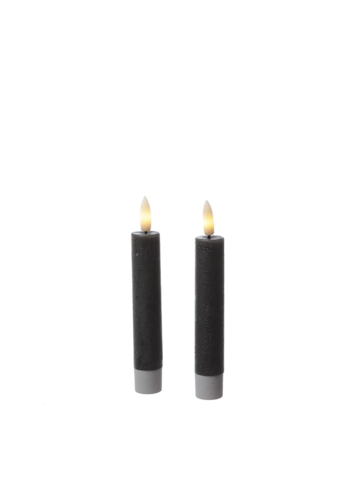 2x LED Stabkerze LINA Rustik-Optik Echtwachs H: 14cm in grau