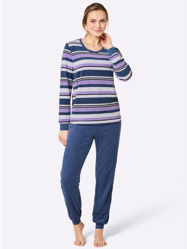 Schlafanzug in jeansblau-lavendel-geringelt