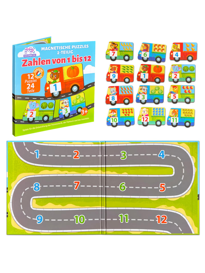 Zahlen lernen von 1 bis 12, 12 Puzzles mit je 2 Teile
