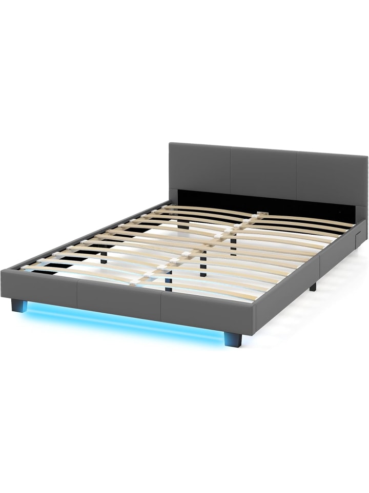 140 x 200 cm Bett mit LED Beleuchtung in Grau