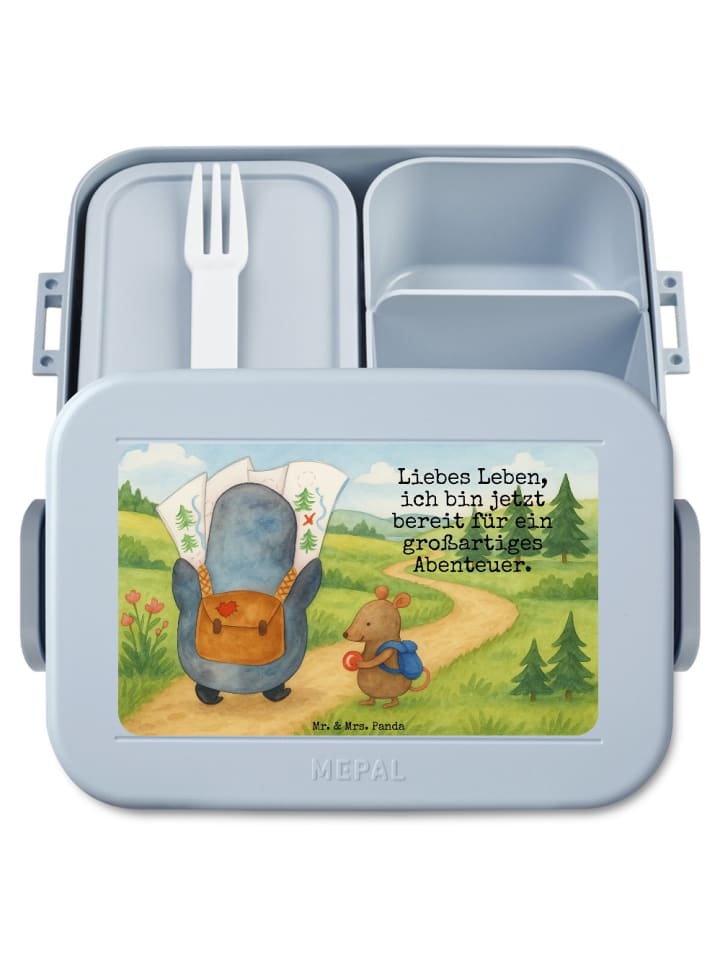 Brotdose Pinguin & Maus Wanderer Design mit Spruch in Blau Pastell