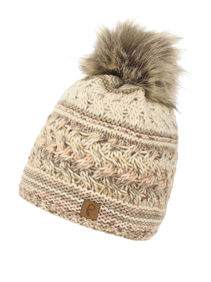 Bommelmütze mit Kunstfell-Bommel und Fleece Futter in Braun