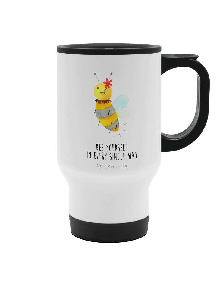 Thermobecher Biene Blume mit Spruch in Weiß