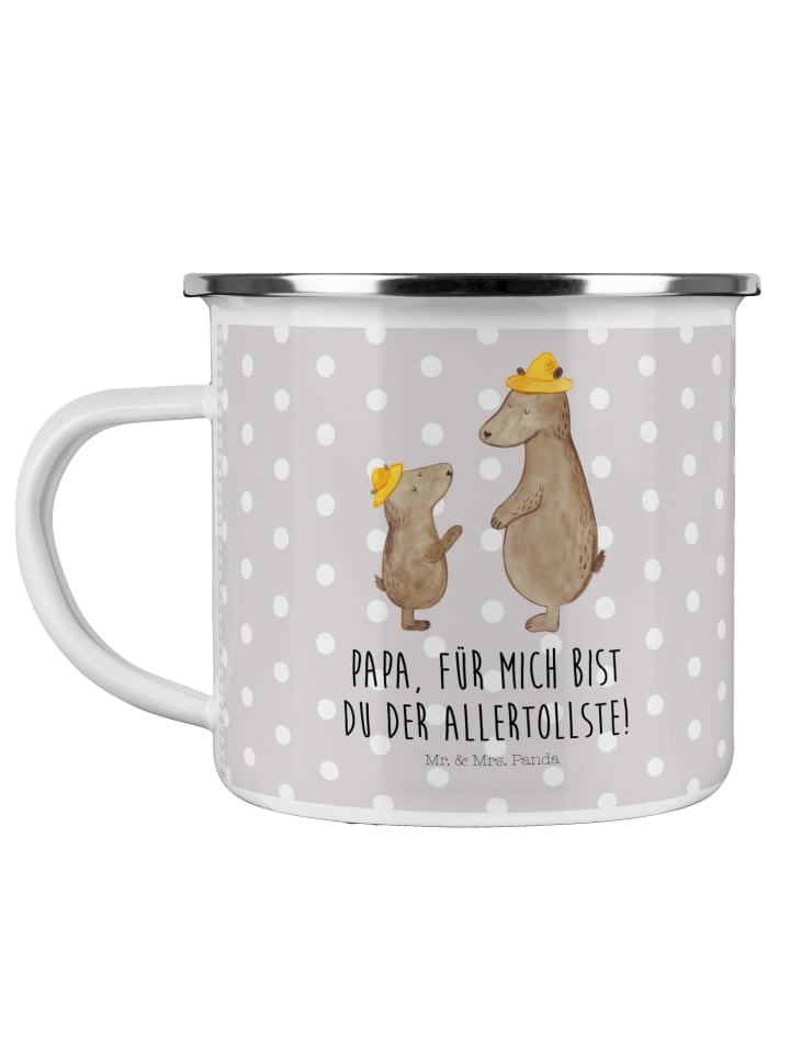 Camping Emaille Tasse Bären mit Hut mit Spruch in Grau Pastell