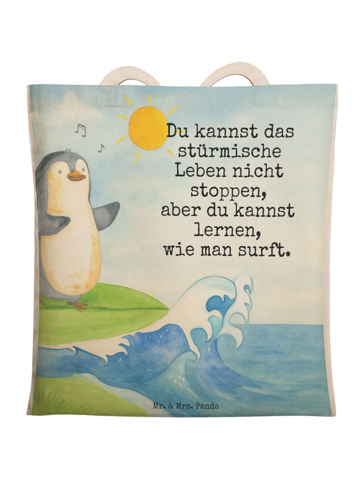 Tasche Pinguin Surfer Design mit Spruch in Weiß