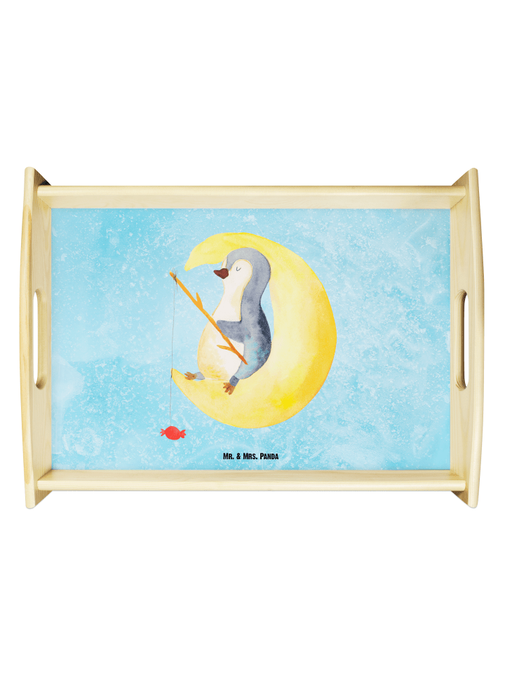 Holz Tablett Pinguin Mond ohne Spruch in Eisblau