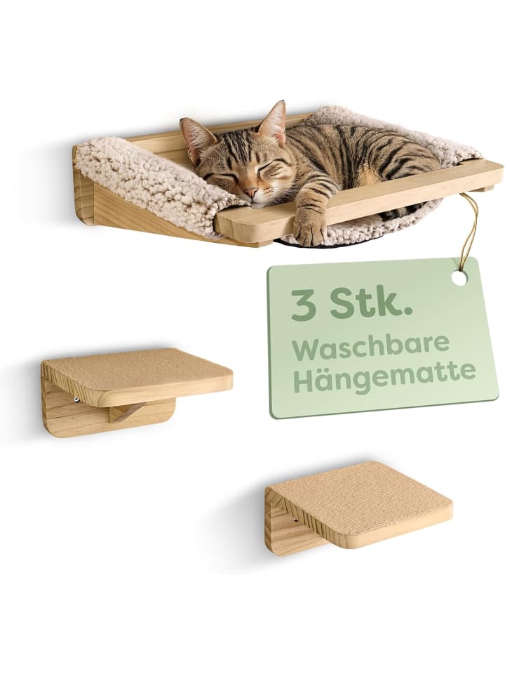 Katzen Kletterwand Set mit Hängematte & 2X Katzentreppe- Kiefernholz