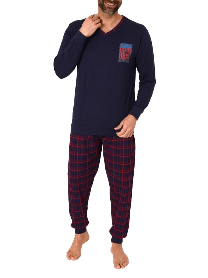langarm Schlafanzug Pyjama Bündchen und karierter Jersey Hose - 83125 in navy
