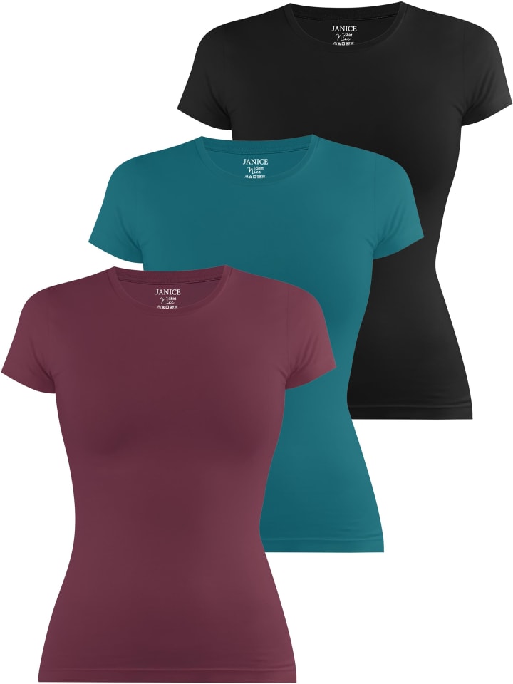3 x Damen T-Shirt hochgeschlossen Nice in Burgund/Petrol/Schwarz