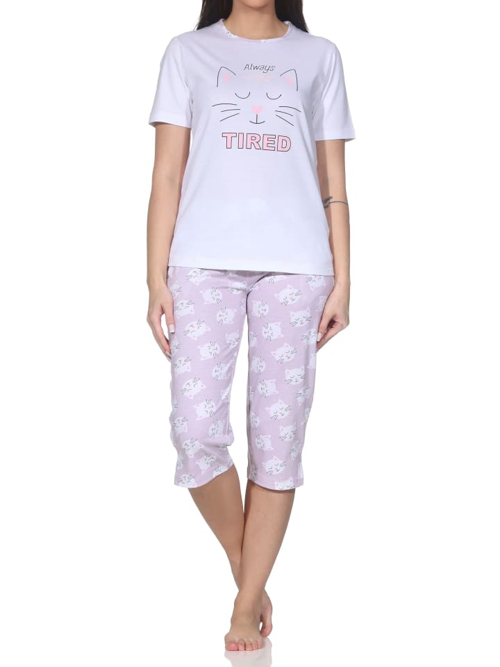 Kurzarm Capri Schlafanzug Pyjama Herz Katzenmotiv in flieder