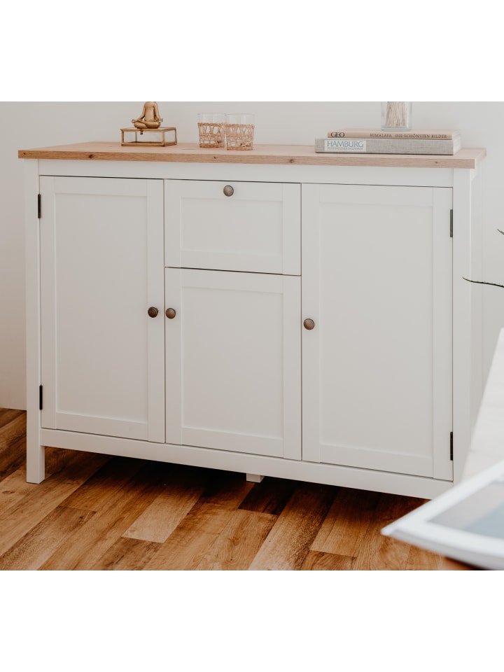 Sideboard weiß, Eiche Artisan Landhaus, 120 x 90 cm, Kommode mit 8 Fächern