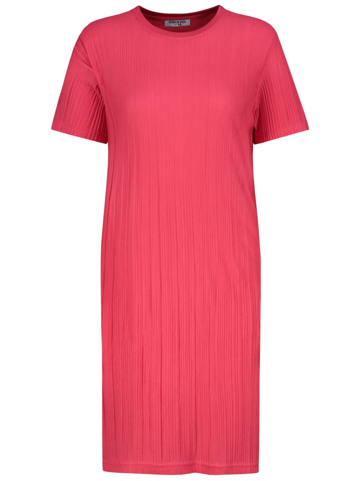 Geripptes Kleid mit kurzem Arm und Rundhalsausschnitt in Pink