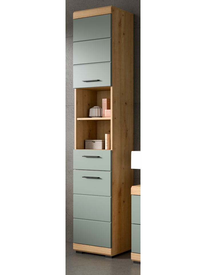 Hochschrank Salbei grün, Eiche Artisan 37 cm, Badschrank mit 6 Fächern