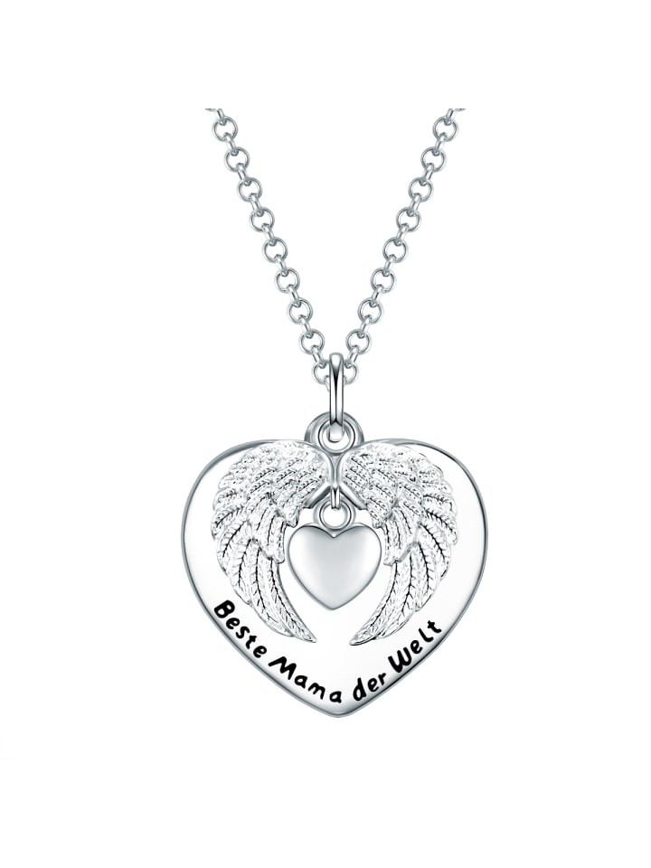 Halskette Herz mit Engelsflügel aus Messing in silber