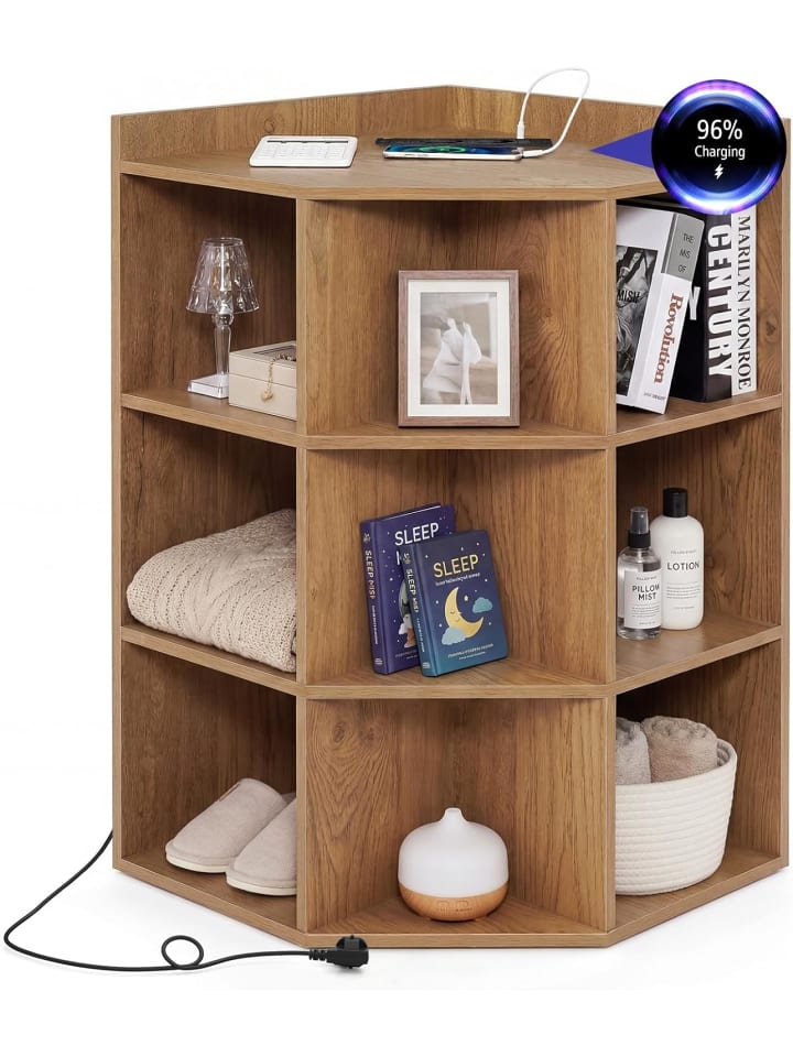 3-stöckiges Eck-Bücherregal mit Ladestation in Hellbraun