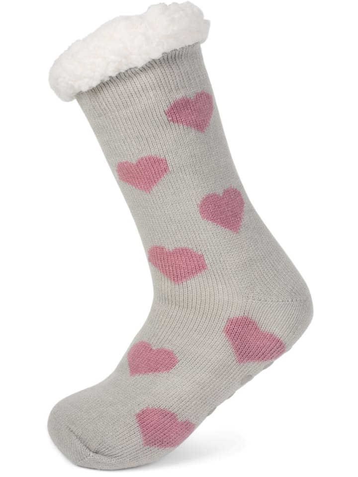 ABS Kuschelsocken mit Herzen in Hellgrau-Altrose
