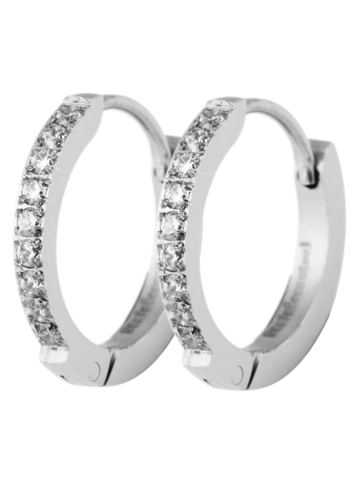 Damen Ohrringe – Klappcreole aus Edelstahl mit Strass Steinchen in silber