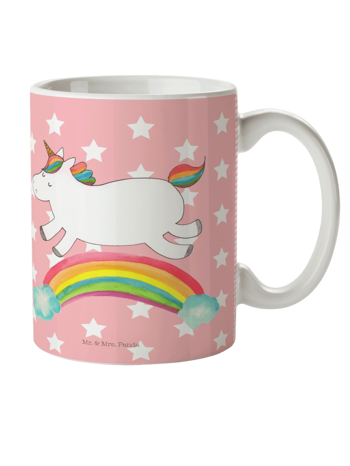 Kindertasse Einhorn Regenbogen ohne Spruch in Rot Pastell