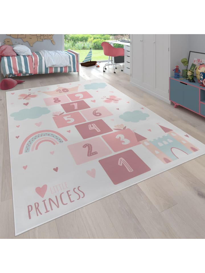 Kinderteppich waschmaschinenwaschbar Prinzessinnen‑Hüpfkästchen in Creme