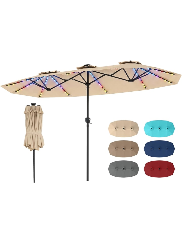 Doppelsonnenschirm 375x200cm mit LED-Solar-Beleuchtung in Beige