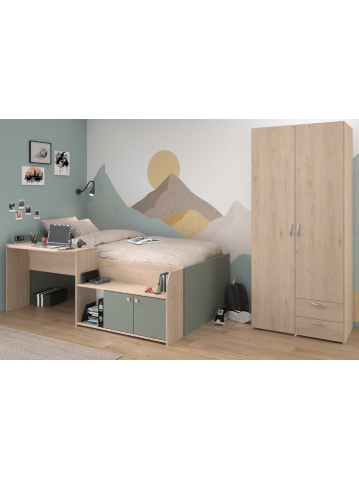 Kinderzimmer Eiche, grün 2-teilig, Set mit Stauraumbett und Kleiderschrank