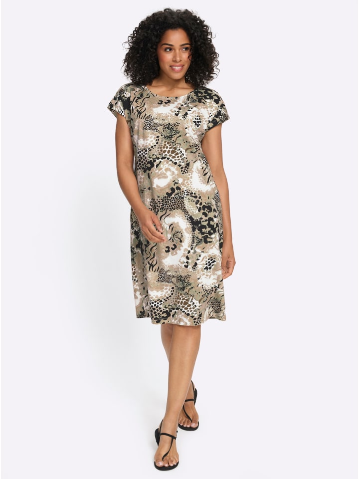 Jersey-Kleid in ecru-braun-bedruckt