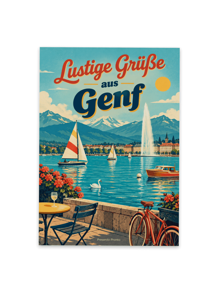 Postkarte Genf retro Design mit Spruch in Weiß
