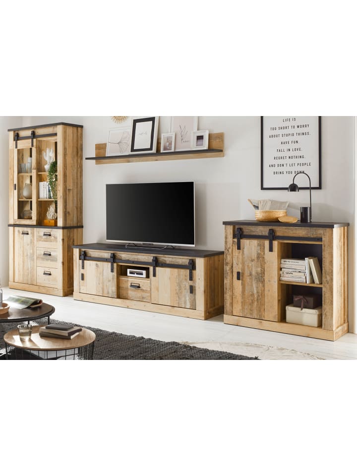 Wohnwand Used Wood, anthrazit 4-teilig 388 cm, Wohnkombination viel Stauraum
