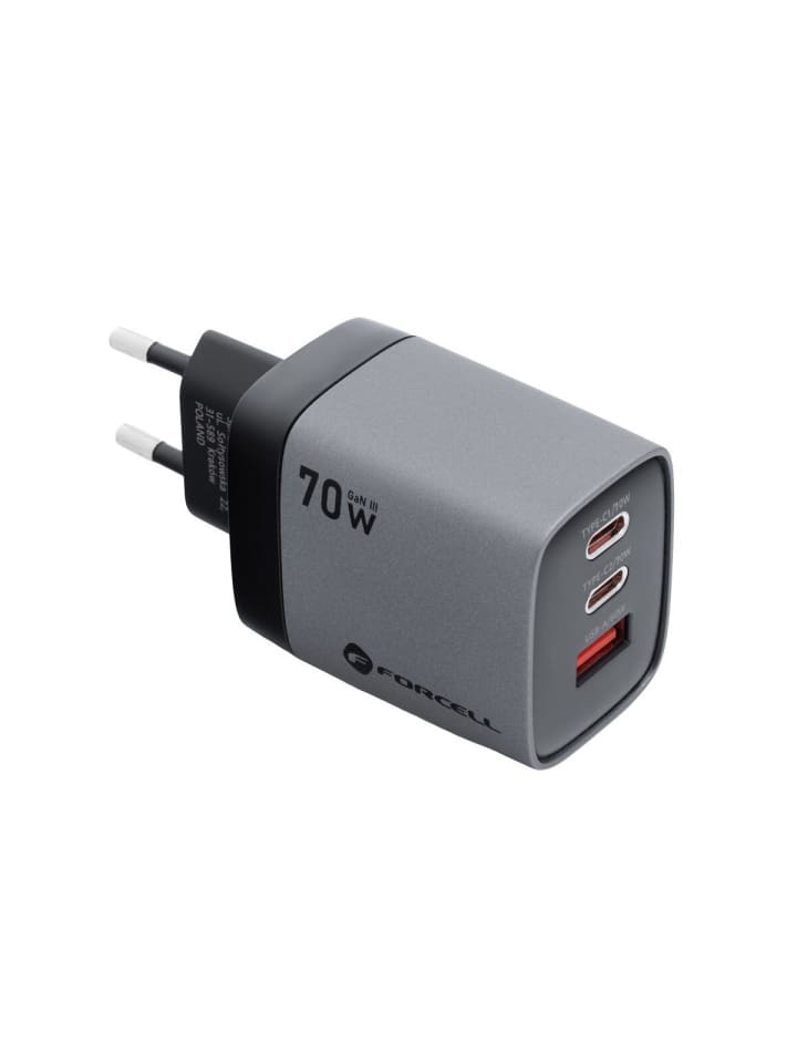 FORCELL GaN Ladegerät 70W LCD 2x USB-C + USB-A Grau