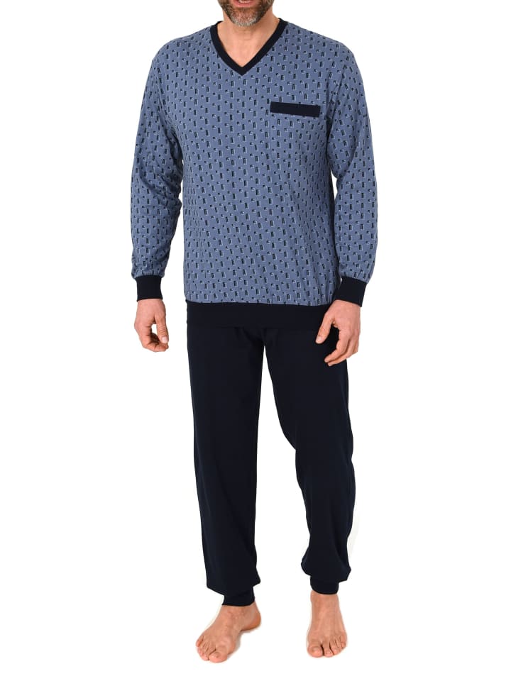 Langarm Schlafanzug Pyjama Bündchen Minimal-Print in blau