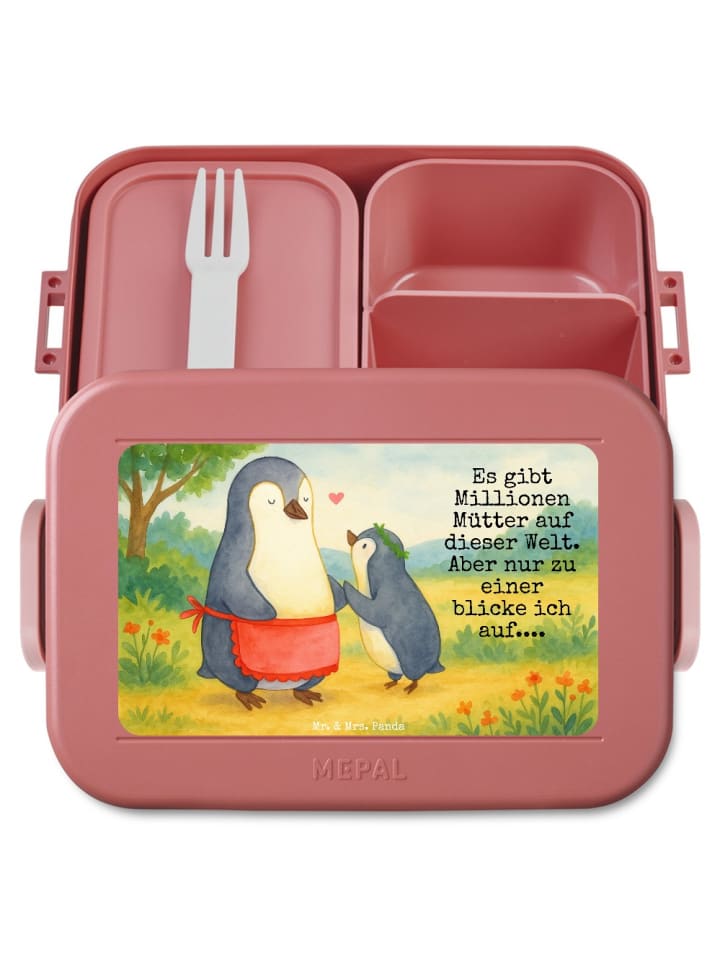 Snackbox Pinguin mit Kind Design mit Spruch in Rot Pastell