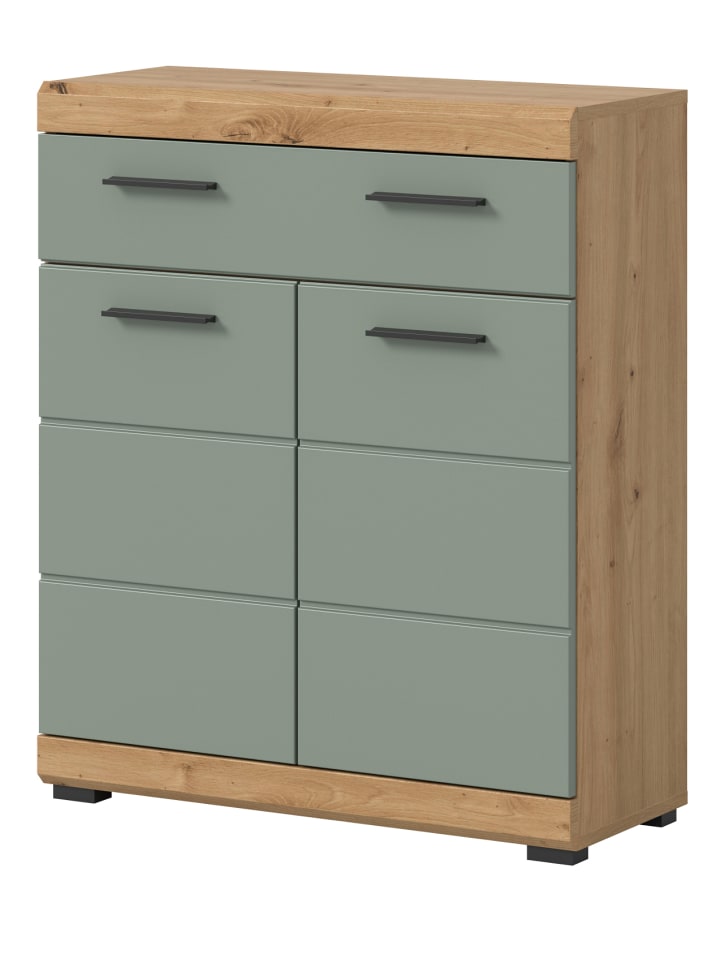 Badkommode Salbei grün, Eiche Artisan 74 x 88 cm, Badschrank mit Vollauszug