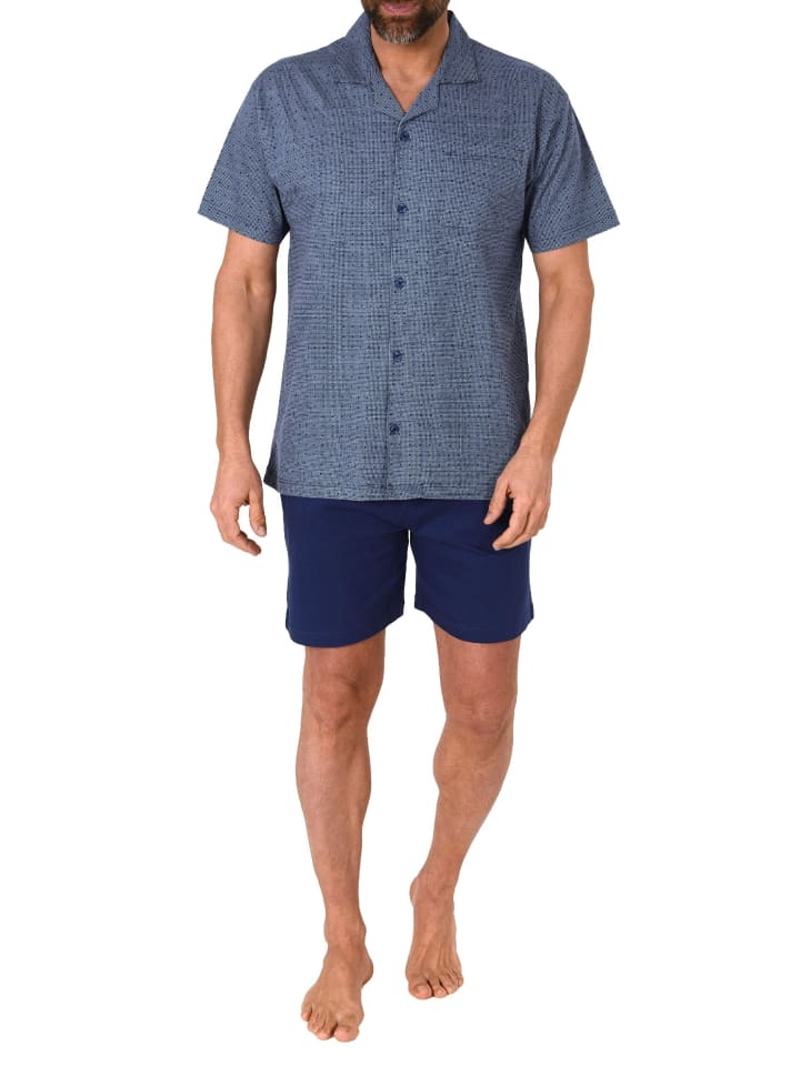 kurzarm Schlafanzug Shorty Pyjama zum durchknöpfen - 78265 in marine