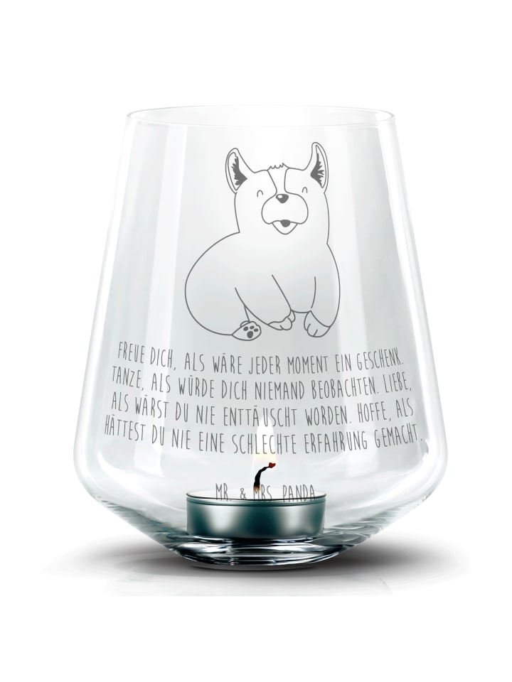 Teelichthalter Corgie mit Spruch in Transparent