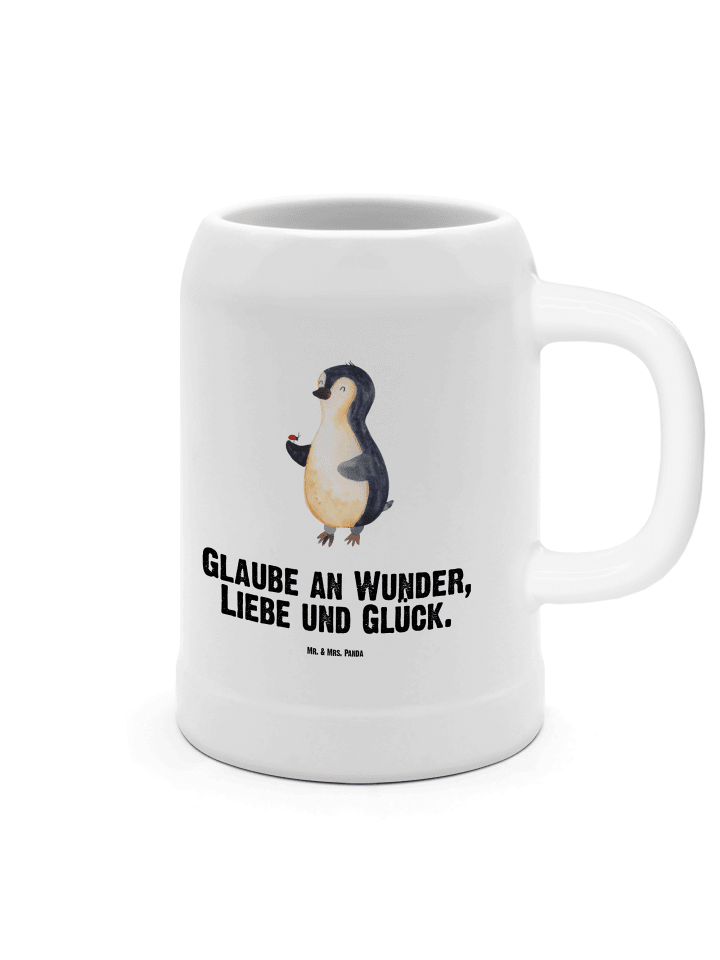 Bierkrug Pinguin Marienkäfer mit Spruch in Weiß