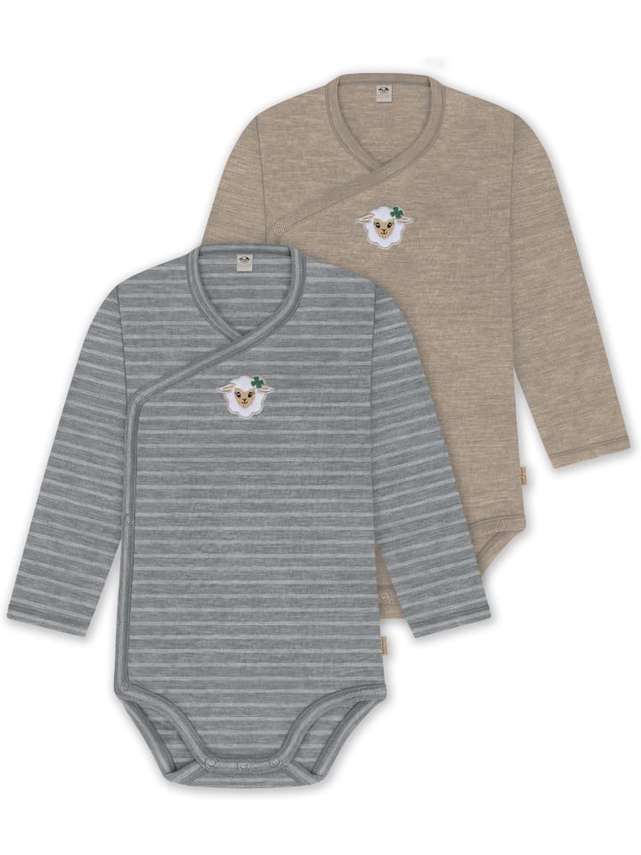 2er Pack Bio Baby-Body Langarm Wickelbody in Grau/Beige