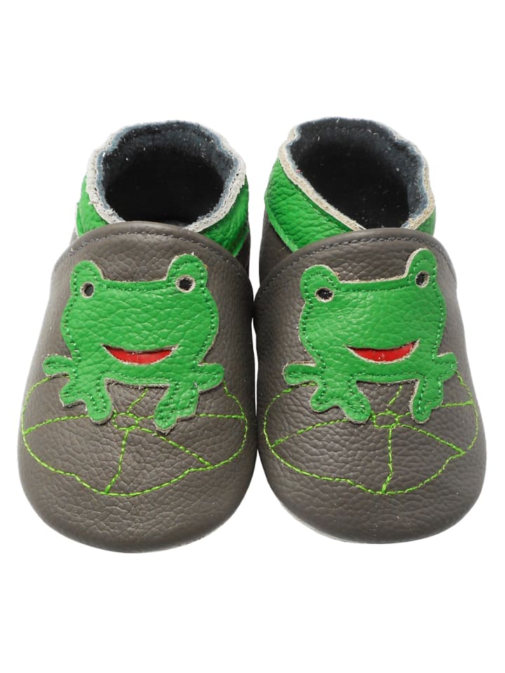 Babyschuhe aus Leder mit rutschfester Sohle – Grau mit Frosch-Muster