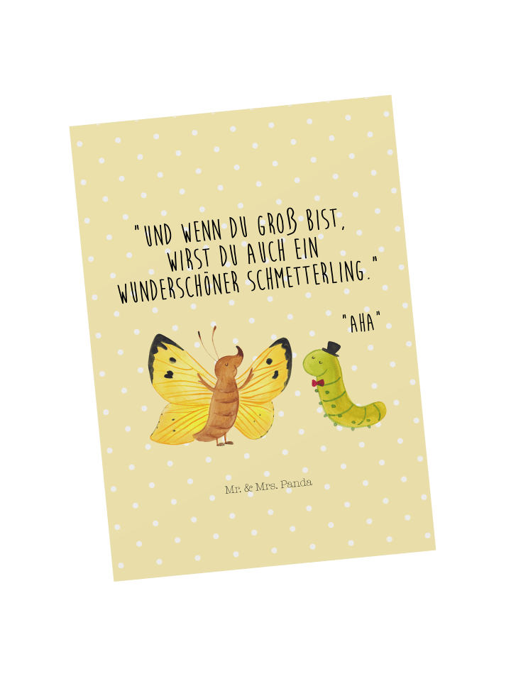 Grußkarte Raupe Schmetterling mit Spruch in Gelb Pastell