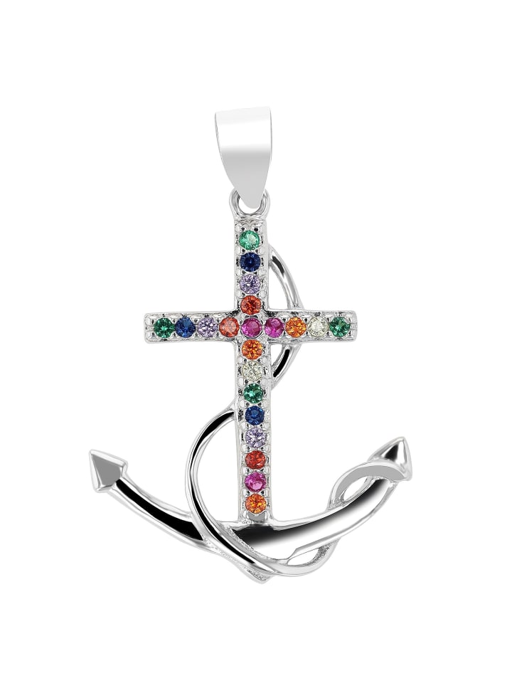 Damen Anhänger Anker aus 925 Silber mit Zirkonia in bunt