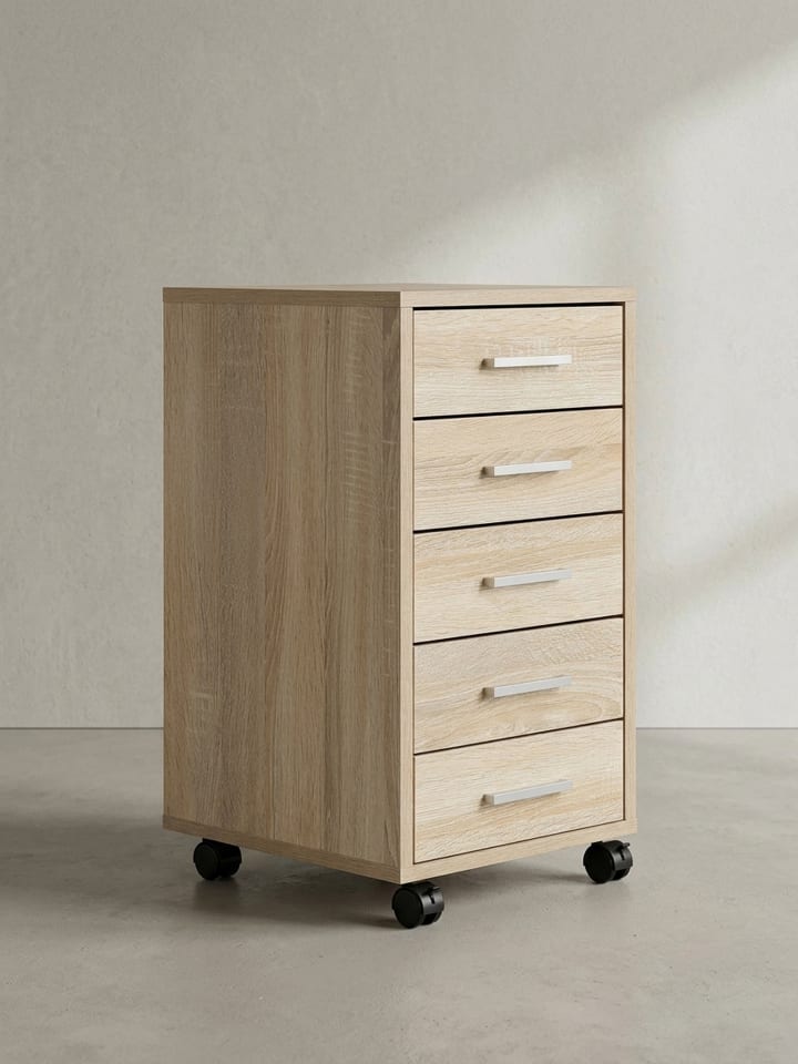 Rollcontainer Holz | 5 Schubladen, Melaminbeschichtet, Mobil in Beige