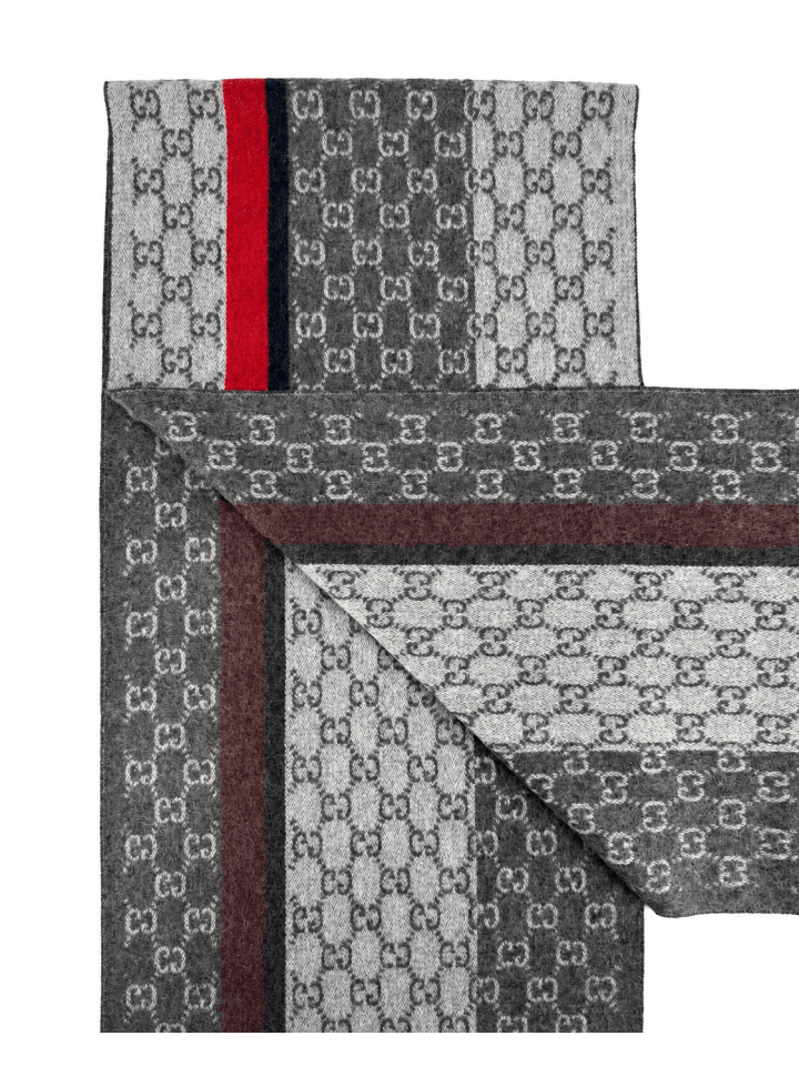 Grau Monogramm Kaschmir- & Wollschal mit rot-schwarzen Streifen