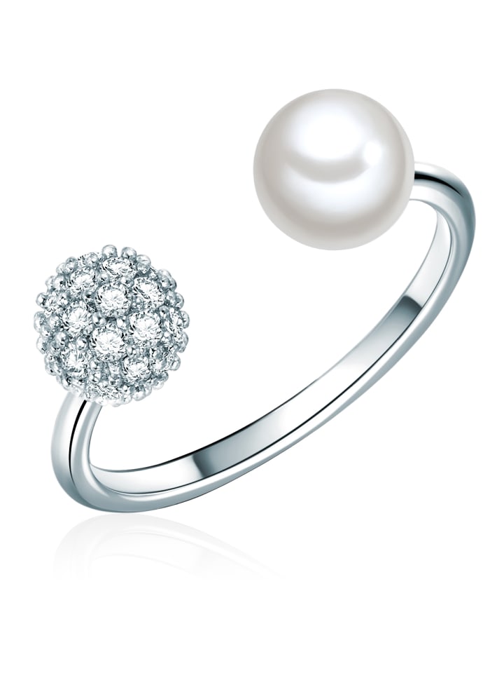 Perlen-Ring aus Messing mit Zirkonia und Muschelkernperle in silber