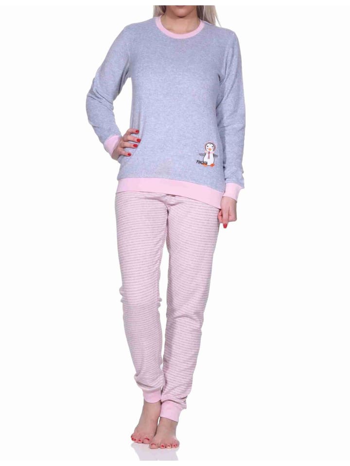 Frottee Pyjama langarm Bündchen und Pinguin Stickerei - 71538 in Grau