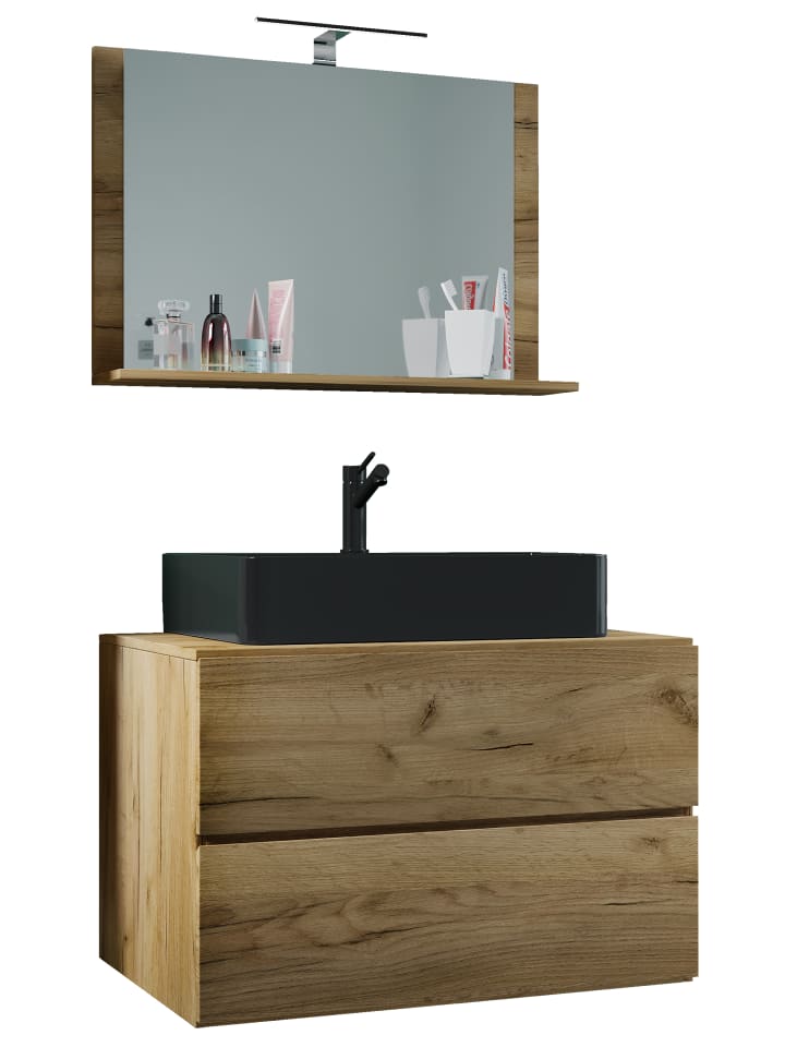 3-tlg Waschtisch Badmöbel Lendas 80 cm M Schublade in Honig-Eiche